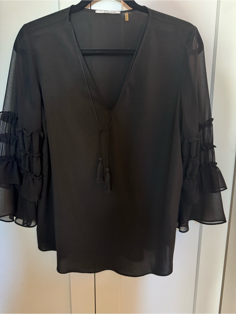 Tahari Black V-Neck Ruffle Sleeve Blouse